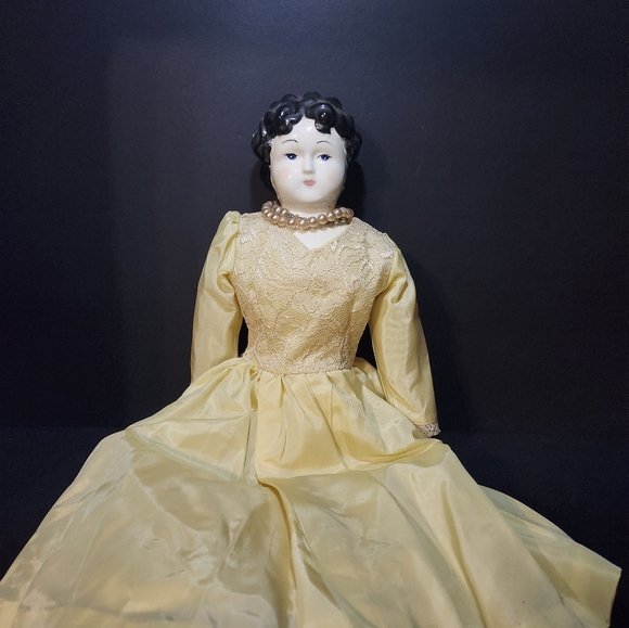 Antique Porcelain Doll with Yellow Dress - Picture 1 of 7